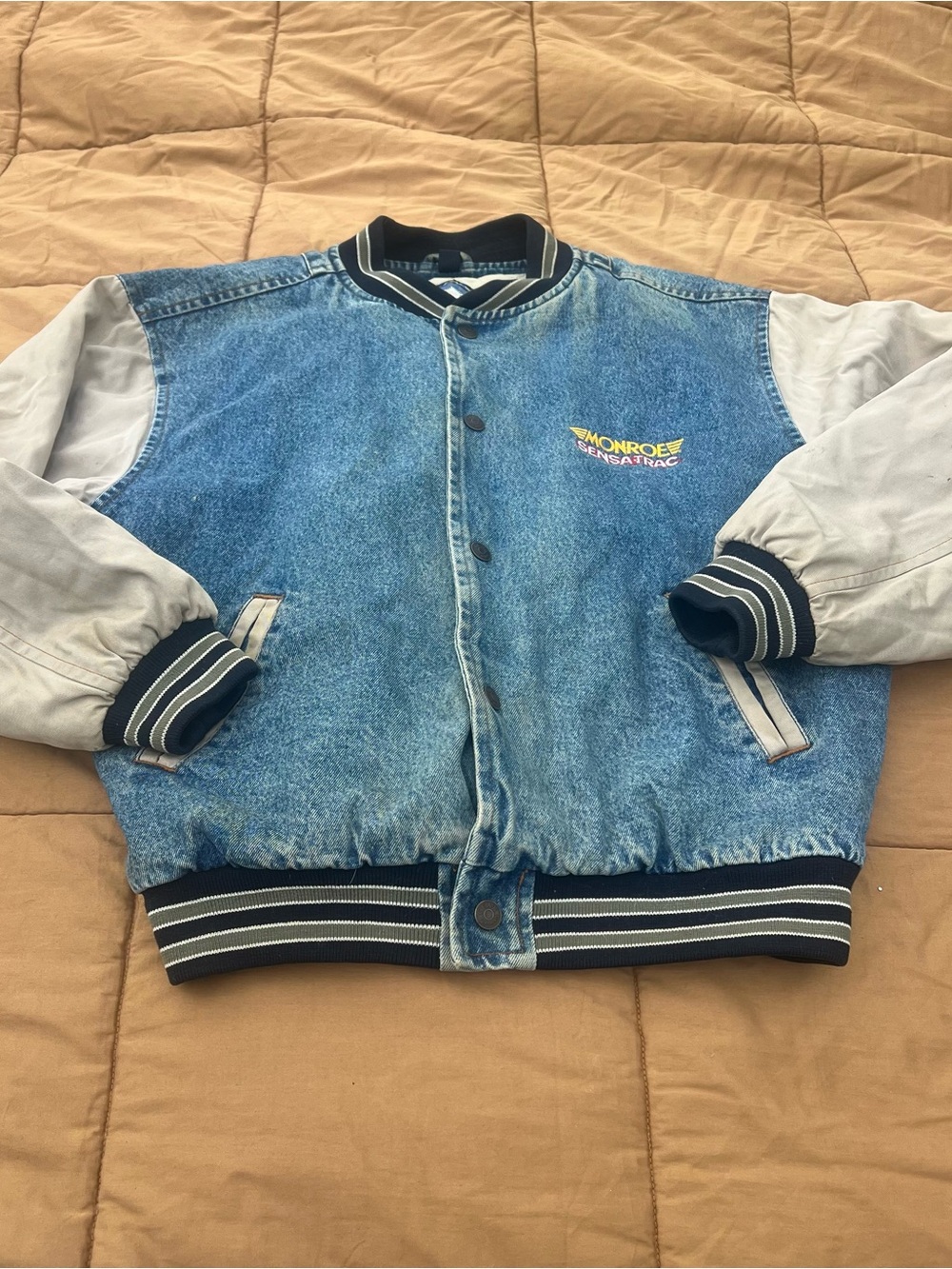 Vintage Gear For Sports Denim Bomber Jacket Monroe Sensa-Trac Logo 90’s Size L